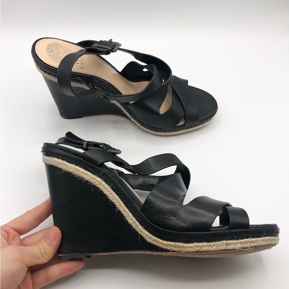 Vince Camuto Black Leather Strappy Espadrille Detail Wedge Heels Size 9.5 - Picture 6 of 8